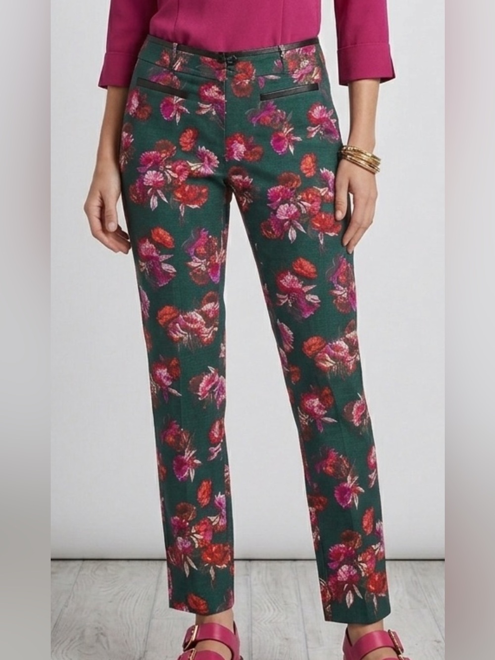 Cartonnier Black Floral Straight-Leg Pants with Pink Blooms